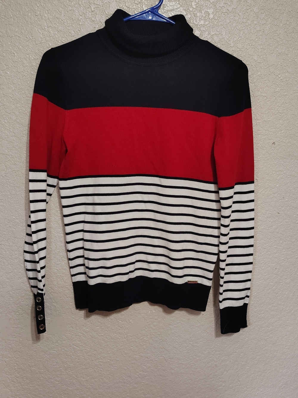 Tommy Hilfiger Black, Red & White Striped Turtleneck Sweater